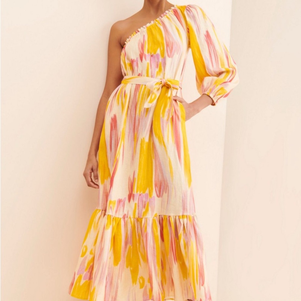 Anthropologie Asymmetrical Yellow and Pink Sundress for Wedding Guest